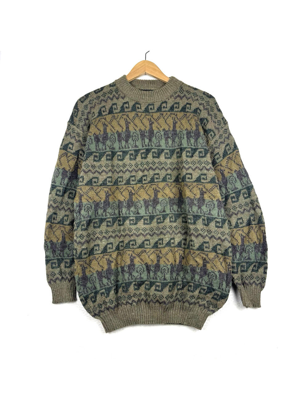 Vintage Sebsatex 100% Baby Alpaca L/XL Green Yellow Brown Geometric Knit Sweater